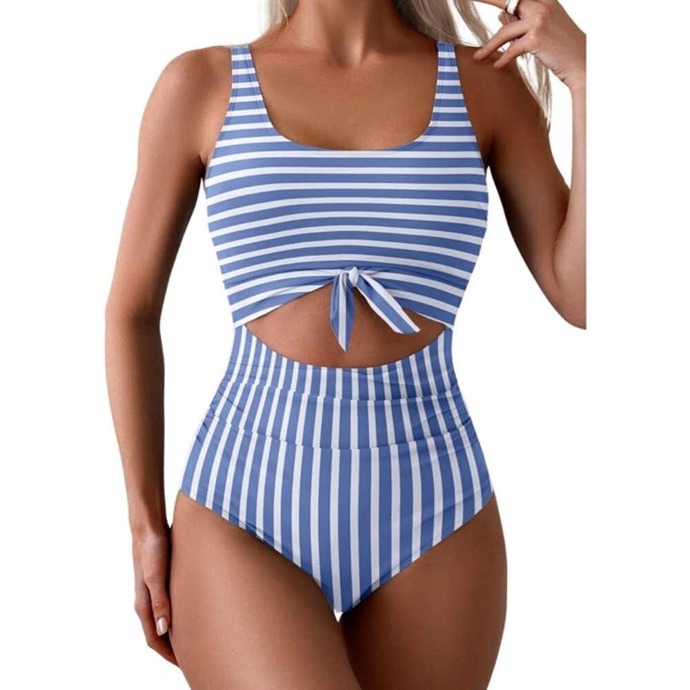 Eomenie XLarge One-Piece Striped Swimsuit Tummy Control Bathing Suit Cutout Blue